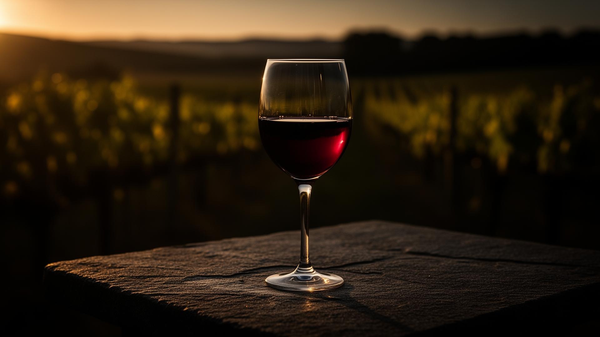 Copa de vino tinto frente a viñedo argentino al atardecer